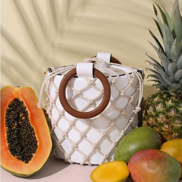 Street Level Knotted Cage Faux Leather Bucket Women's Bag White/Brown - Picture 10 of 10